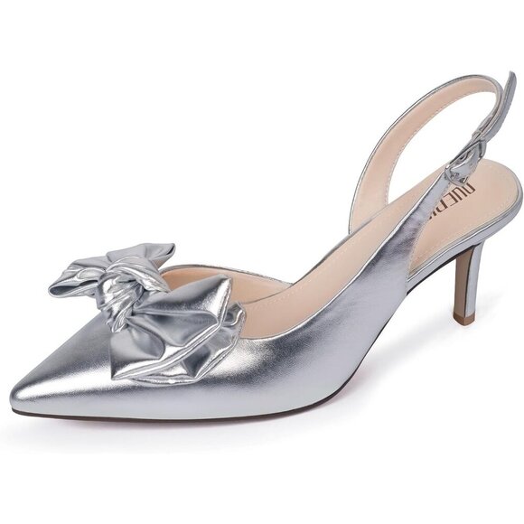 Shoes - Women Silver Slingback Kitten Heels Pointed Closed Toe Low Heel with Buckle